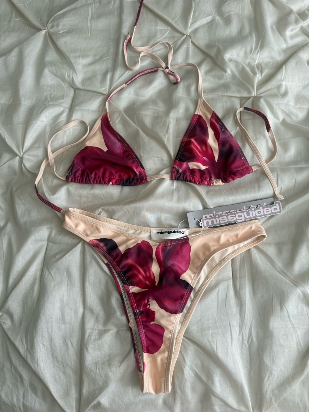 Missguided Beige Bikini Bottom with Burgundy Floral Detail